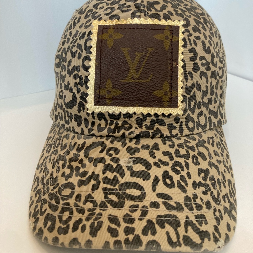 Leopard cotton cap with up cycled Louis Vuitton patch